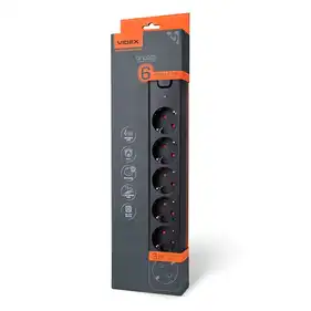 Мережевий подовжувач Videx ONCORD з/з 6P 3м (3x1.5мм) з кнопкою Black (VF-PD63G-B)