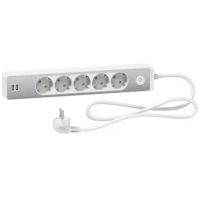 Удлинитель Schneider Electric 5гн 1,5м З/К +2хUSB "Unica Extend"  белый/алюминий (C3)