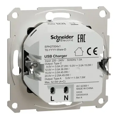 Розетка Schneider Electric 2-я USB внутр. А+С, 3А, 45Вт, без рамки, антрацит 