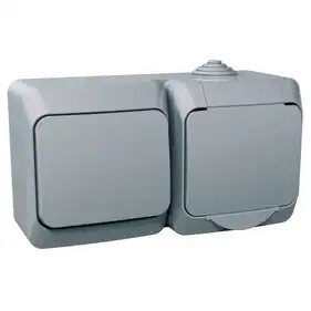 Розетка Schneider Electric 1-ая С/К защ.+Выключатель 1-кл. внеш. IP44 "Cedar Plus" серая (16А) (С1) 