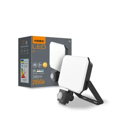 LED прожектор Videx F3 30W с датчиком движения 5000K 220V Black (VLE-F3-0305B-S)