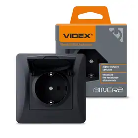 Розетка Videx Binera одинарная с заземлением и крышкой черный графит (VF-BNSK1GС-BG)