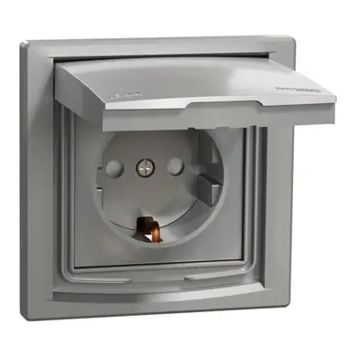 Розетка Schneider Electric 1-я З/К внутр. с крышкой и шторками IP44 "ASFORA алюминий (C2) 