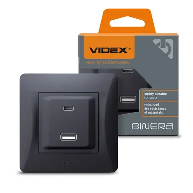 Розетка Videx Binera USB-A + USB-C PD20W черный графит (VF-BNCHRUC20-BG)