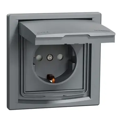 Розетка Schneider Electric 1-я З/К внутр. с крышкой и шторками IP44 "ASFORA сталь (C2)