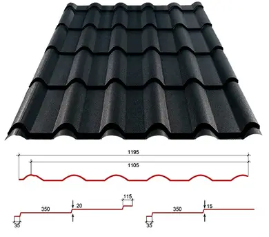 Металлочерепица GOOD ROOF RETRO Roof 350/15,матполиэстер 0,45мм Італія Zn225 RAL 9005 Черный