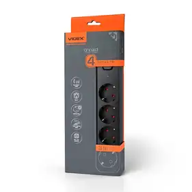 Мережевий подовжувач Videx ONCORD з/з 4P 3м (3x1.5мм) з кнопкою Black (VF-PD43G-B)