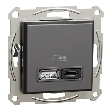Розетка Schneider Electric 2-я USB внутр. А+С, 3А, 45Вт, без рамки, антрацит 