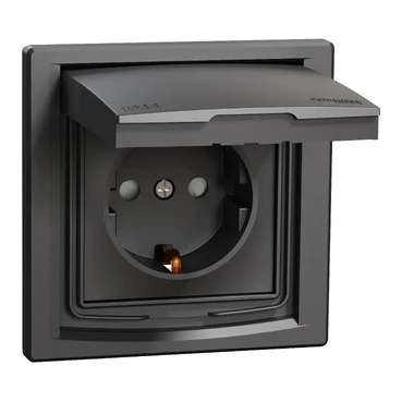 Розетка Schneider Electric 1-я З/К внутр. с крышкой и шторками IP44 "ASFORA антрацит (C2) 