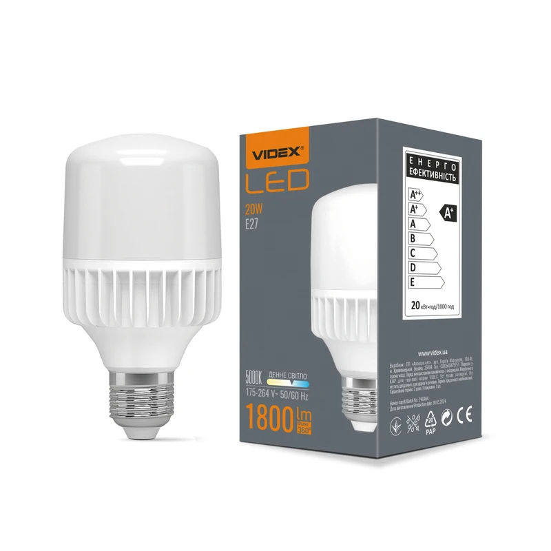 LED лампа Videx A65 20W E27 5000K (VL-A65-20275)