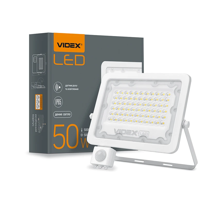 LED прожектор Videx F2e 50W с датчиком движения и освещенности 5000K (VL-F2e505W-S)