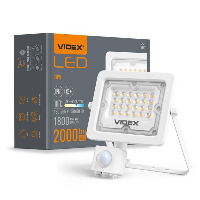 LED прожектор Videx F2e 20W с датчиком движения и освещенности 5000K (VL-F2e205W-S)