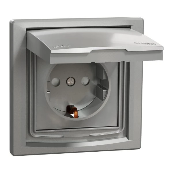 Розетка Schneider Electric 1-я З/К внутр. с крышкой и шторками IP44 "ASFORA алюминий (C2) 