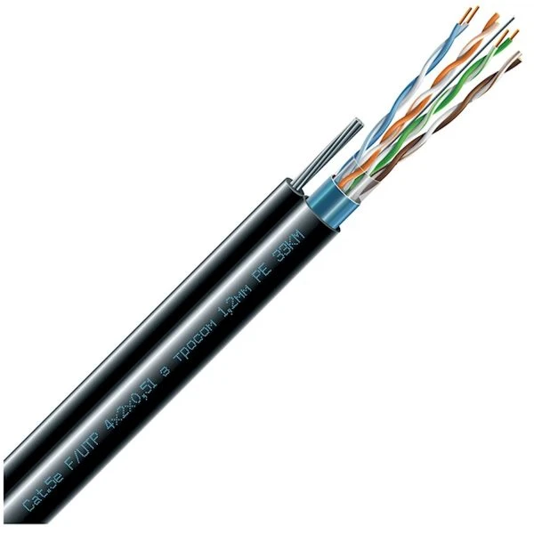 Кабель ЗЗЦМ FTP cat.5e PE 4х2х0,51 наружный с тросом 1,2 мм 100МГц (бухта 305м) черный