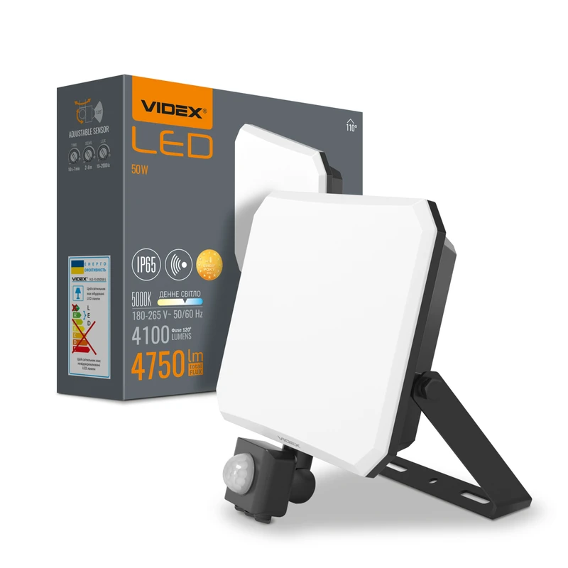 LED прожектор Videx F3 50W с датчиком движения 5000K 220V Black (VLE-F3-0505B-S)