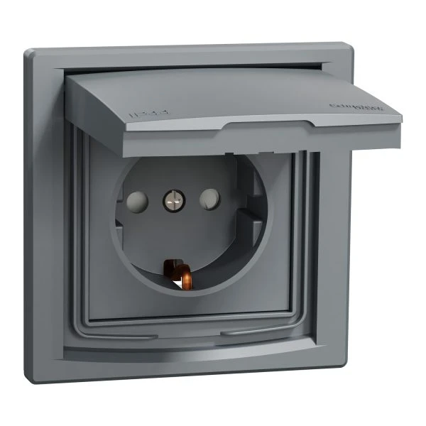 Розетка Schneider Electric 1-я З/К внутр. с крышкой и шторками IP44 "ASFORA сталь (C2)