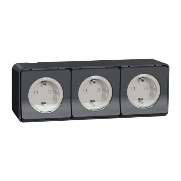 Розетка Schneider Electric 3-ая С/К защ. внеш. со шторками IP55 "MUREVA S" черная (C3) 