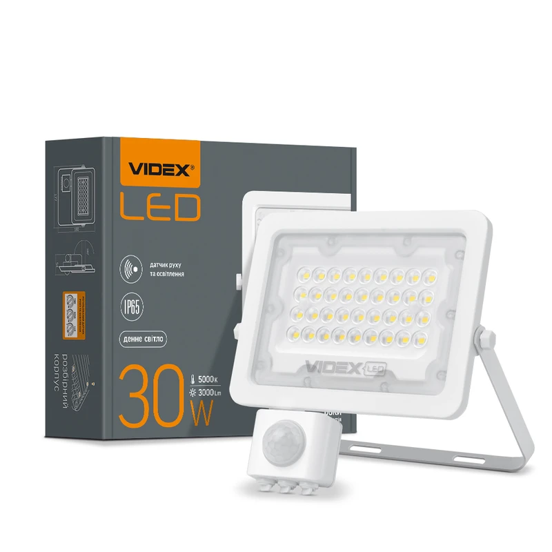 LED прожектор Videx F2e 30W с датчиком движения и освещенности 5000K (VL-F2e305W-S)