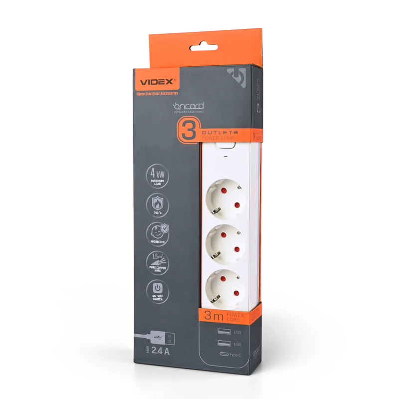 MEGAREX, VNGD 3点セット Мережевий подовжувач Videx ONCORD з/з 3P 3м (3x1.5мм) 2.4А 2USB+