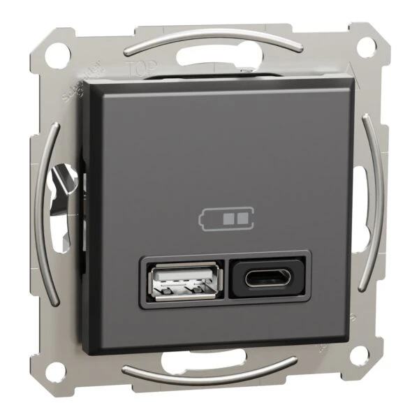 Розетка Schneider Electric 2-я USB внутр. А+С, 3А, 45Вт, без рамки, антрацит 